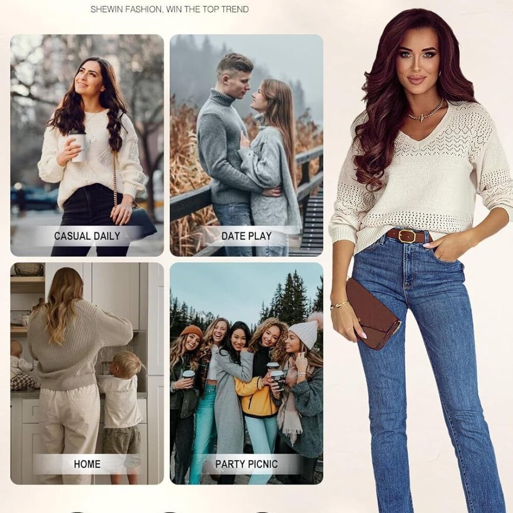 Women's Sweaters Casual Long Sleeve V Neck Lightweight Crochet Pullover Sweater - Picture 4 of 8